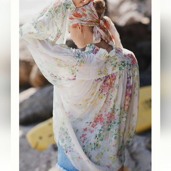 Sabina Musayev Floral Puff Sleeve Tie Top Size S White Multicolor - Picture 6 of 11